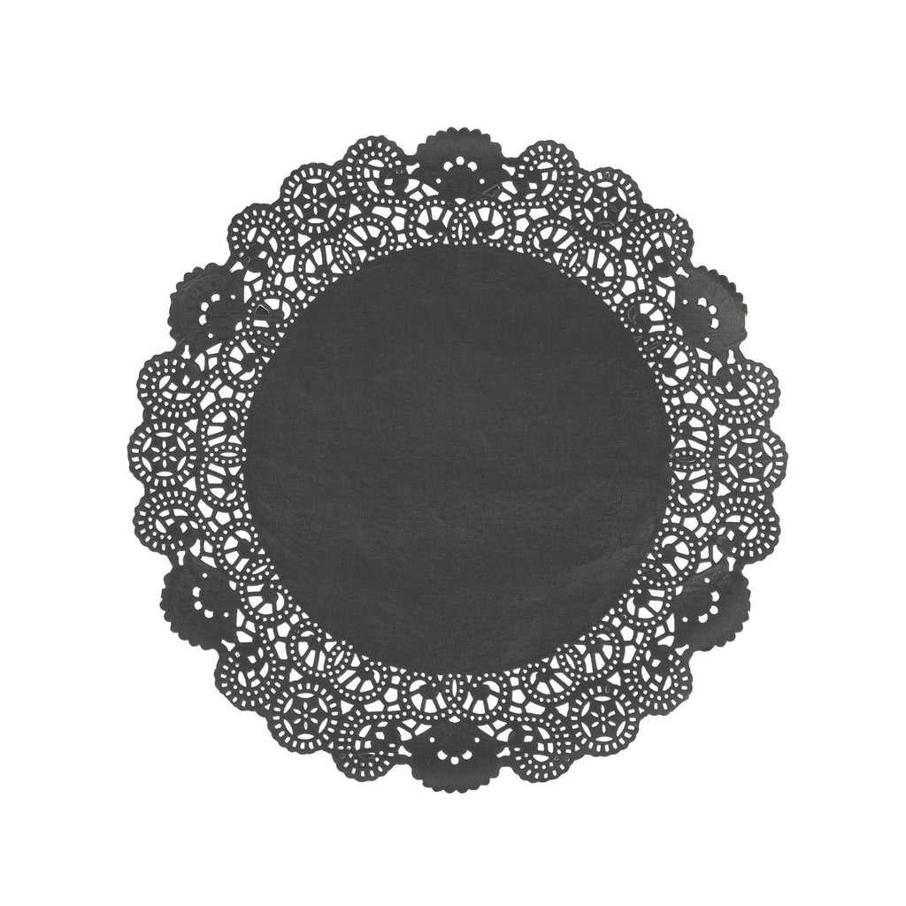 Pastry Tek Round Black Paper Doilies - Lace - 12" x 12" - 100 count box