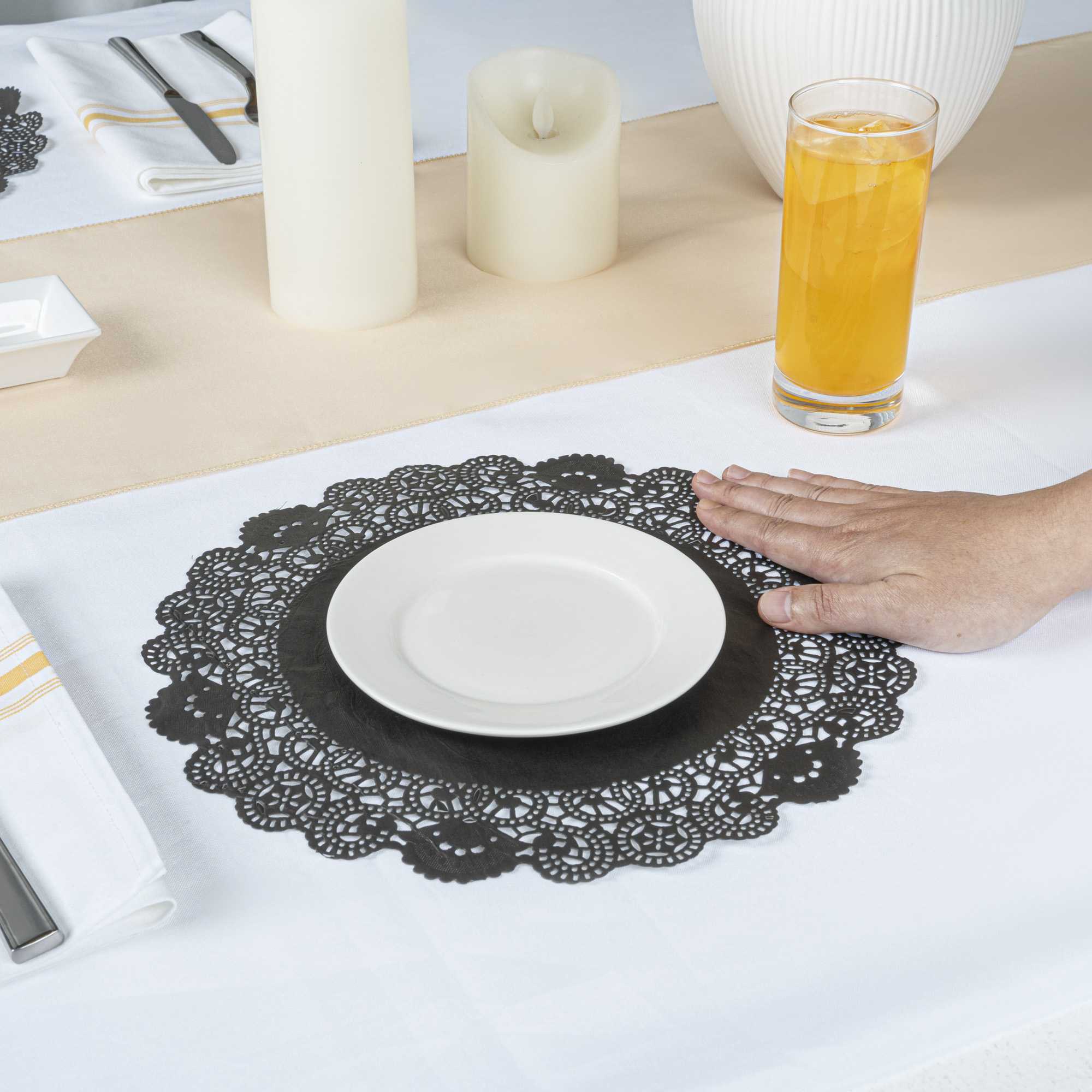 Pastry Tek Round Black Paper Doilies - Lace - 12" x 12" - 100 count box