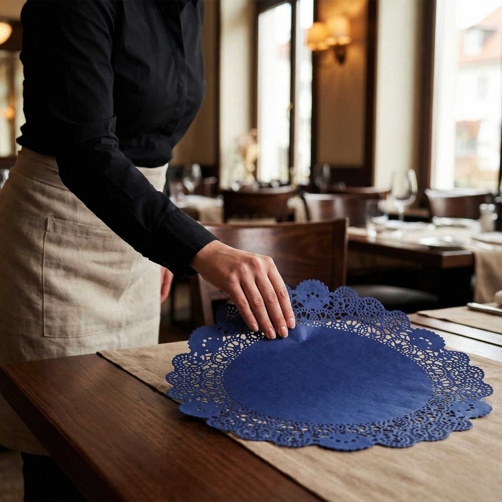 Pastry Tek Round Navy Blue Paper Doilies - Lace - 12" x 12" - 4000 count box