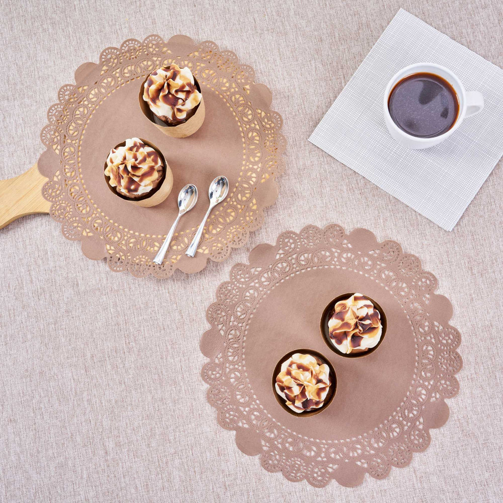 Pastry Tek Round Brown Paper Doilies - Lace - 12" x 12" - 100 count box