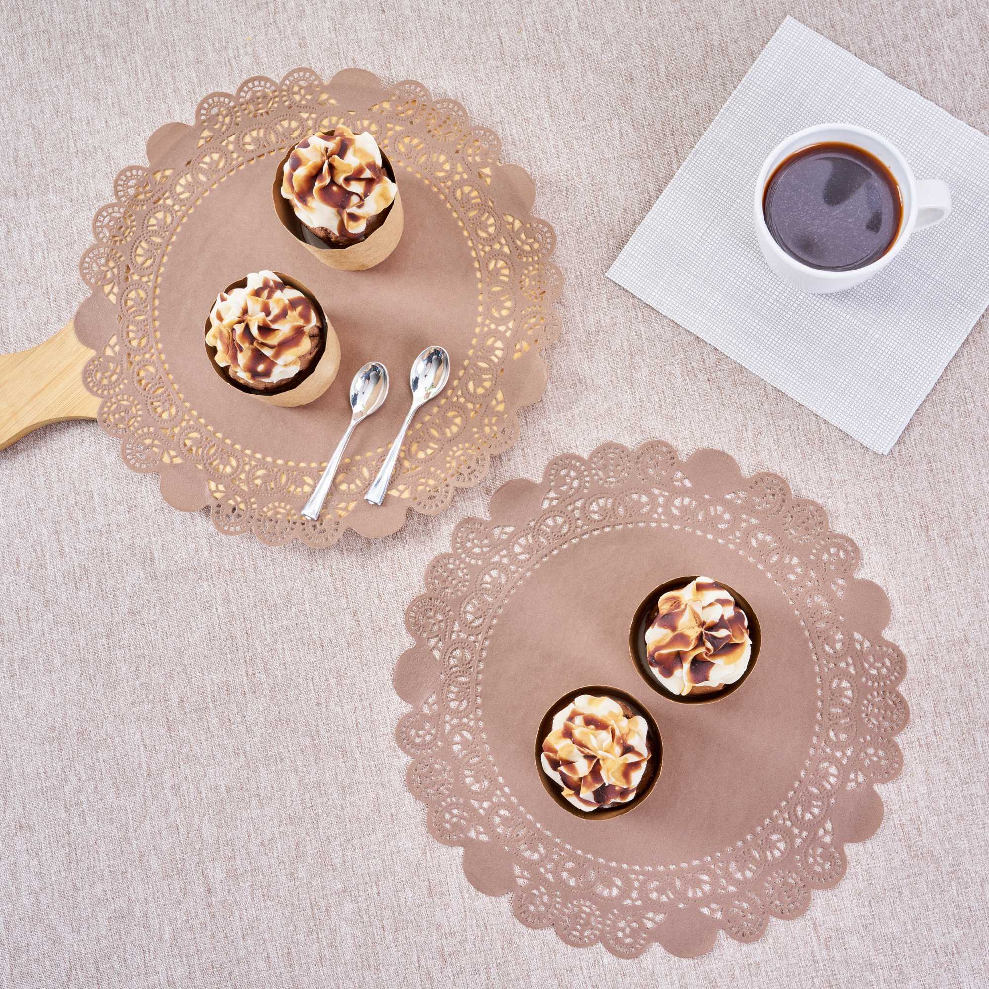Pastry Tek Round Brown Paper Doilies - Lace - 12" x 12" - 100 count box