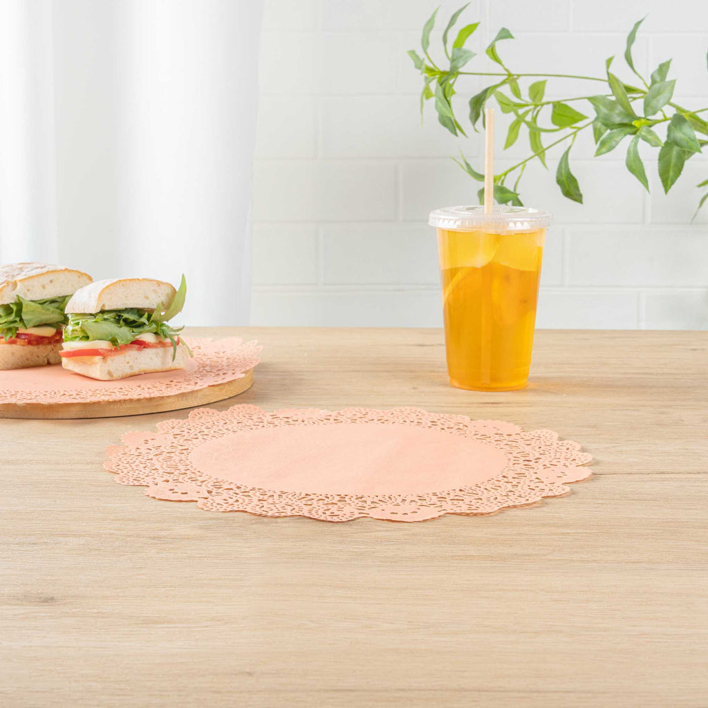 Pastry Tek Round Coral Paper Doilies - Lace - 12" x 12" - 4000 count box