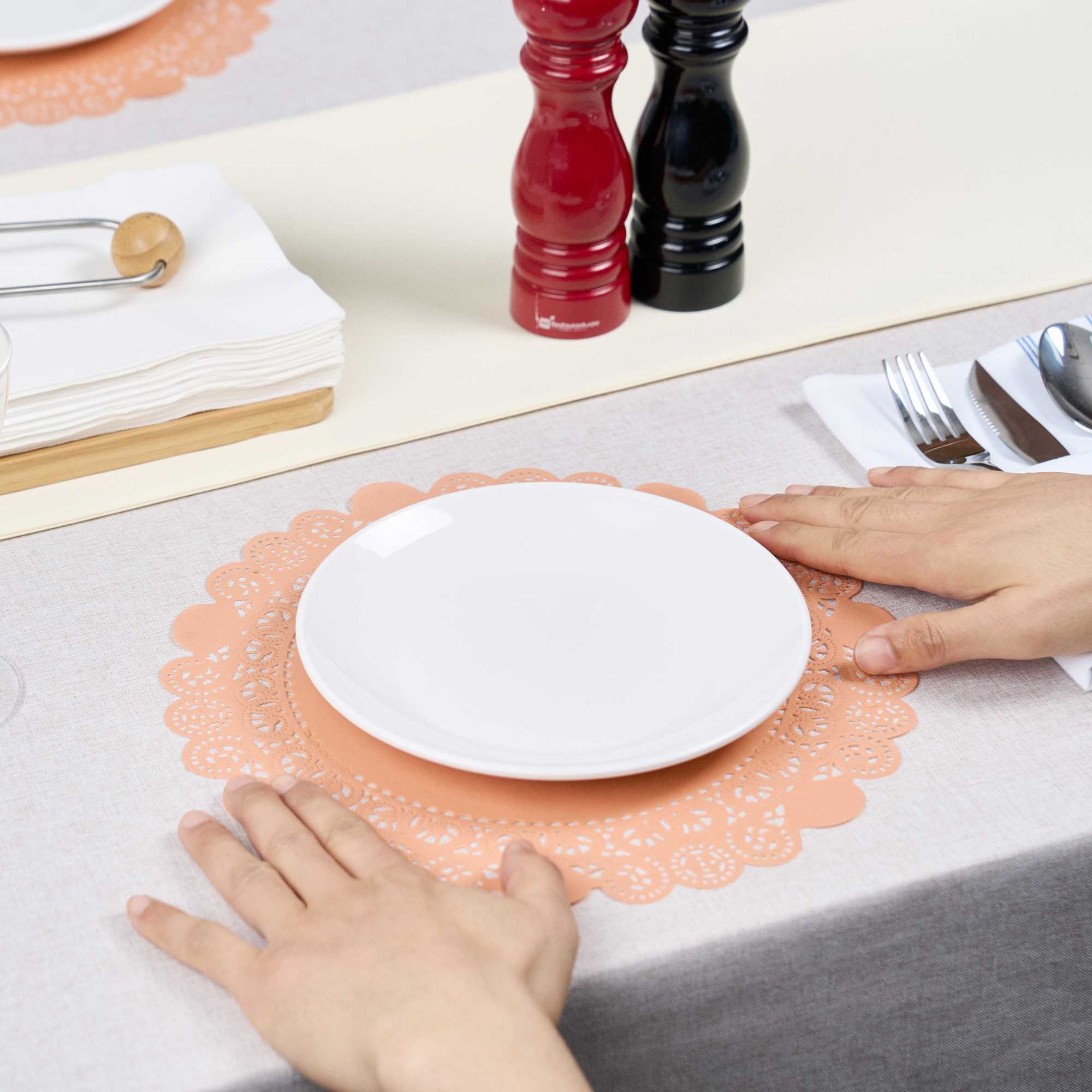 Pastry Tek Round Coral Paper Doilies - Lace - 12" x 12" - 100 count box