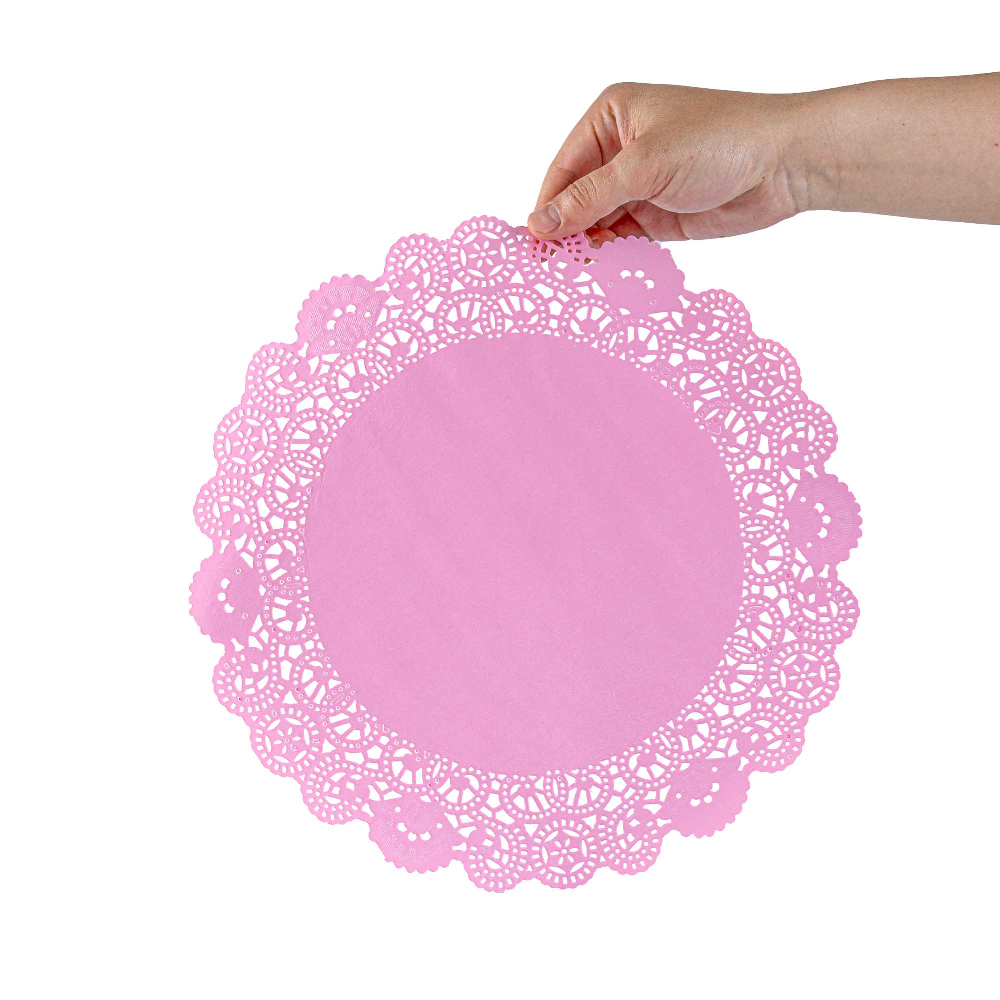 Pastry Tek Round Pink Paper Doilies - Lace - 12" x 12" - 4000 count box