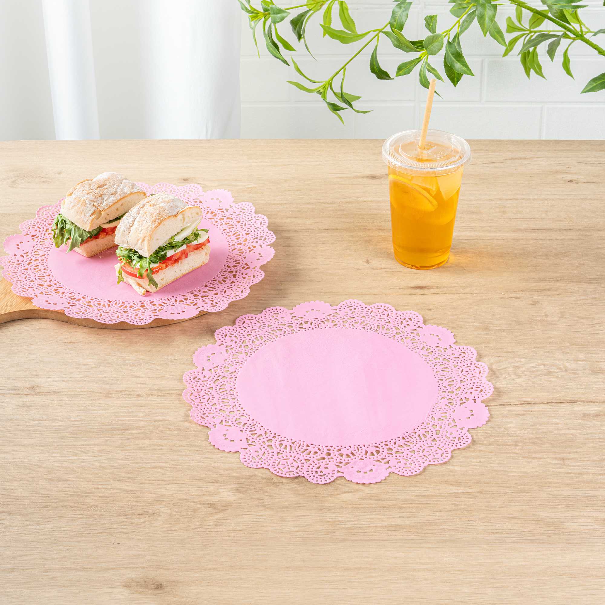 Pastry Tek Round Pink Paper Doilies - Lace - 12" x 12" - 100 count box