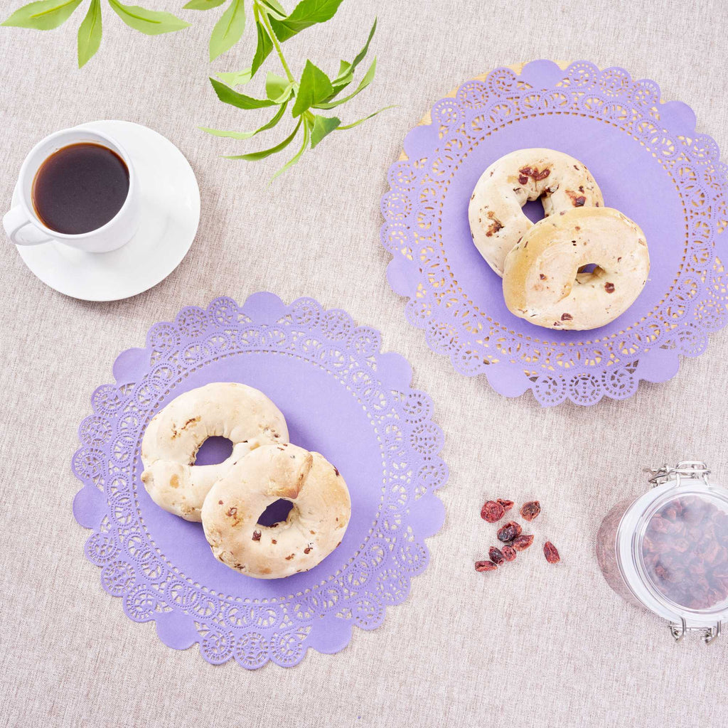 Pastry Tek Round Purple Paper Doilies - Lace - 12" x 12" - 100 count box