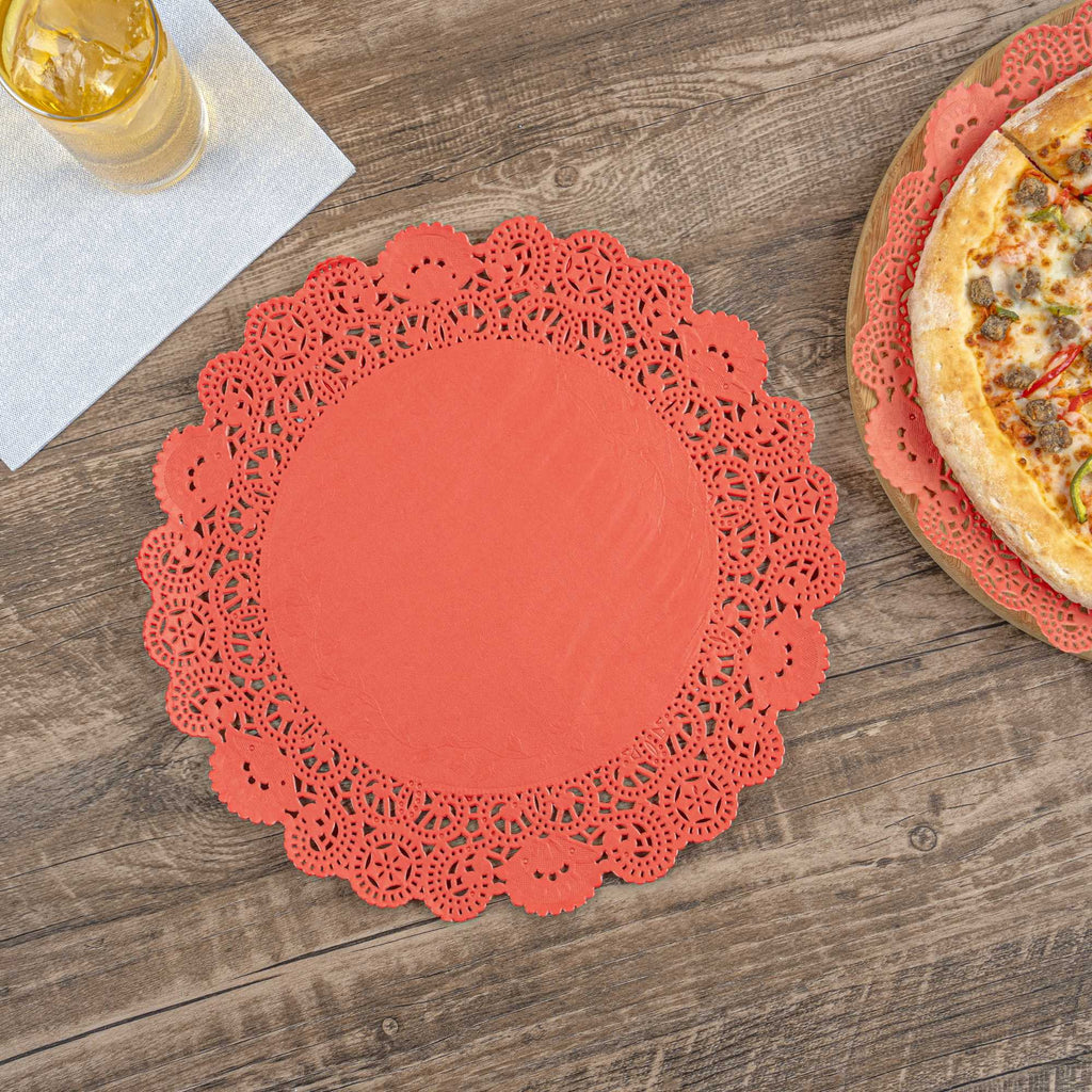 Pastry Tek Round Red Paper Doilies - Lace - 12" x 12" - 100 count box