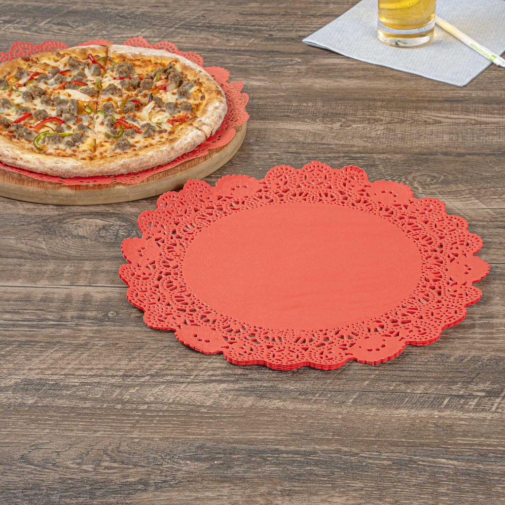 Pastry Tek Round Red Paper Doilies - Lace - 12" x 12" - 100 count box