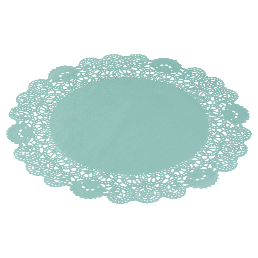 Pastry Tek Round Teal Paper Doilies - Lace - 12" x 12" - 100 count box