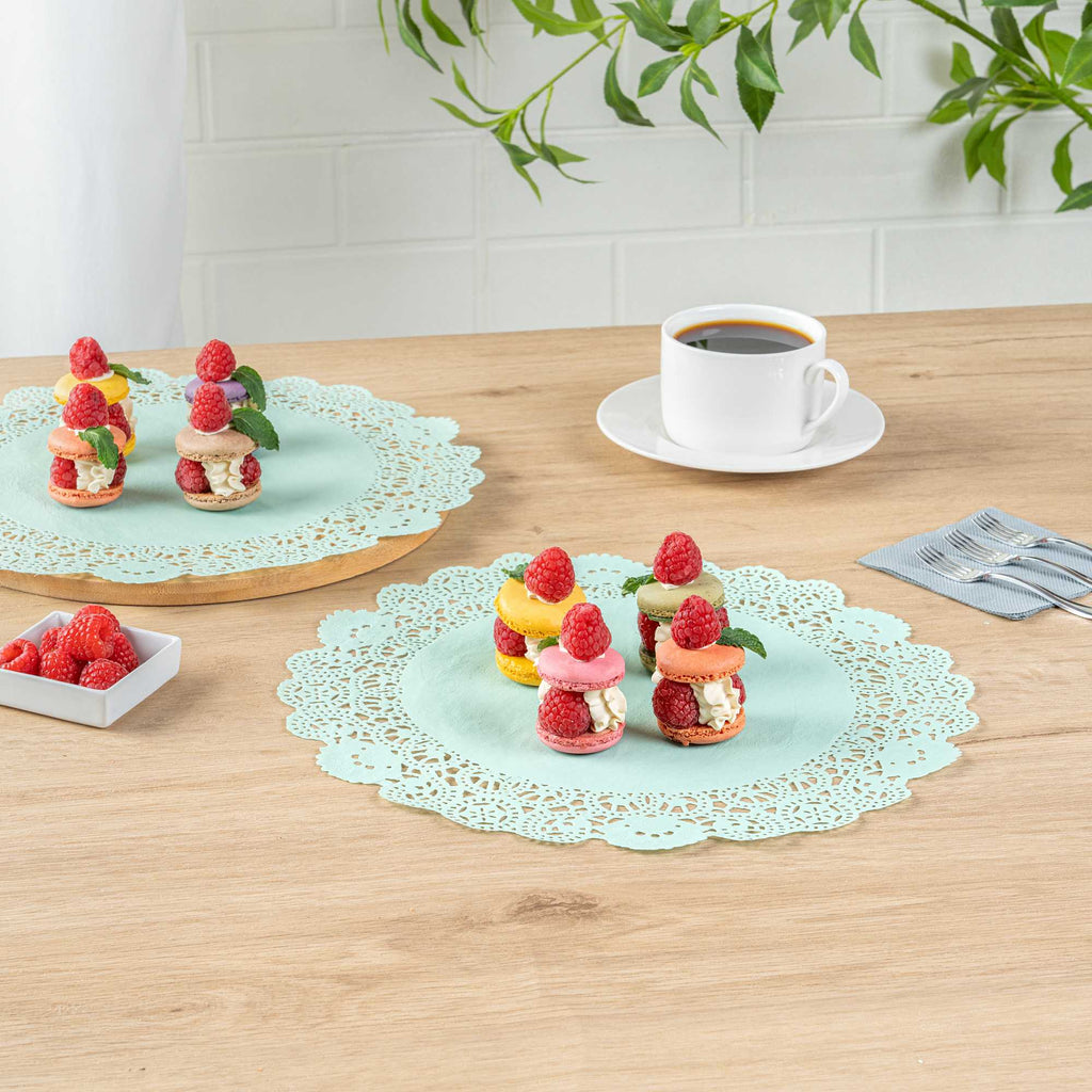 Pastry Tek Round Teal Paper Doilies - Lace - 12" x 12" - 100 count box