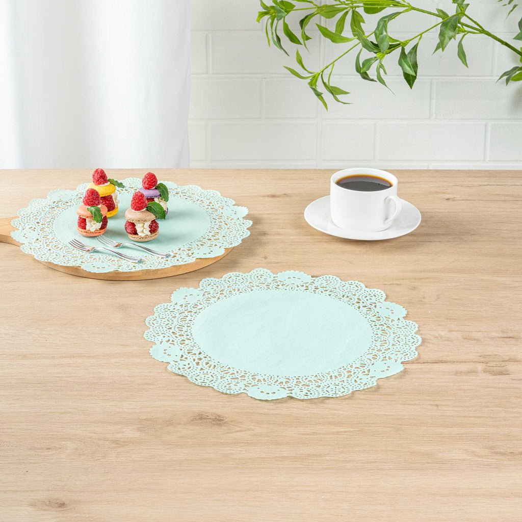 Pastry Tek Round Teal Paper Doilies - Lace - 12" x 12" - 100 count box