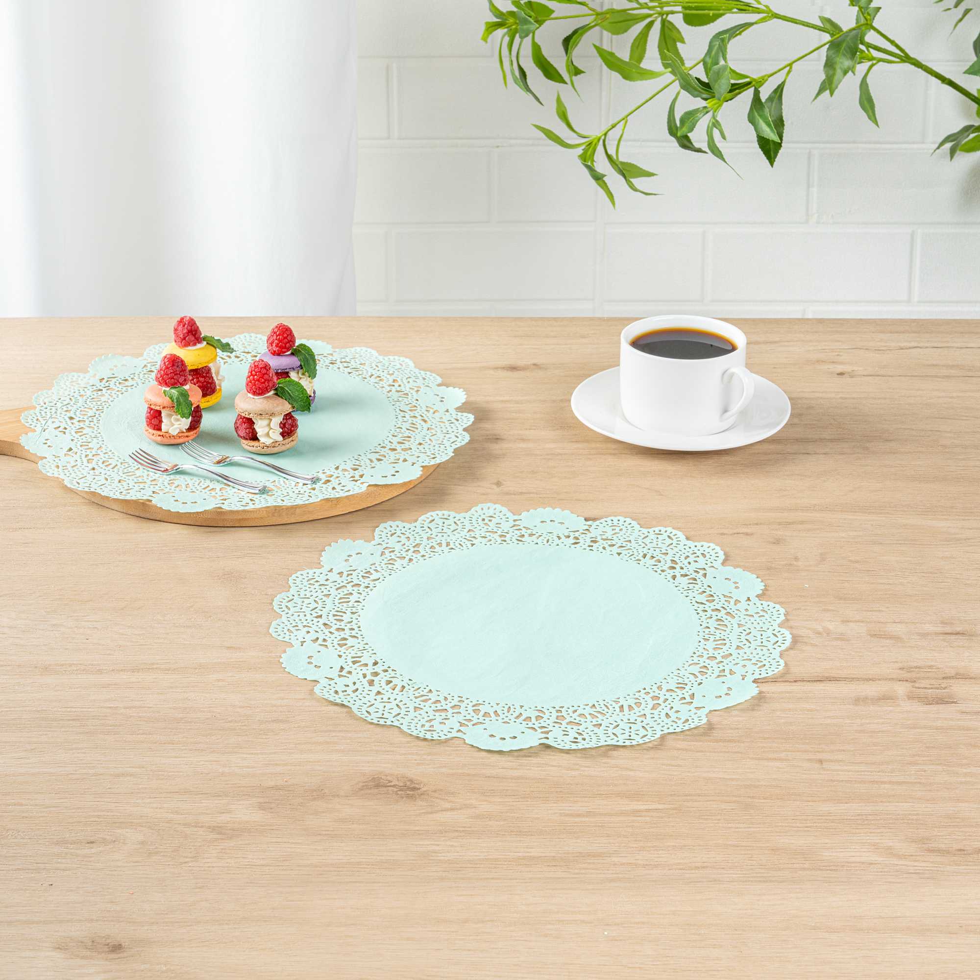 Pastry Tek Round Teal Paper Doilies - Lace - 12" x 12" - 100 count box