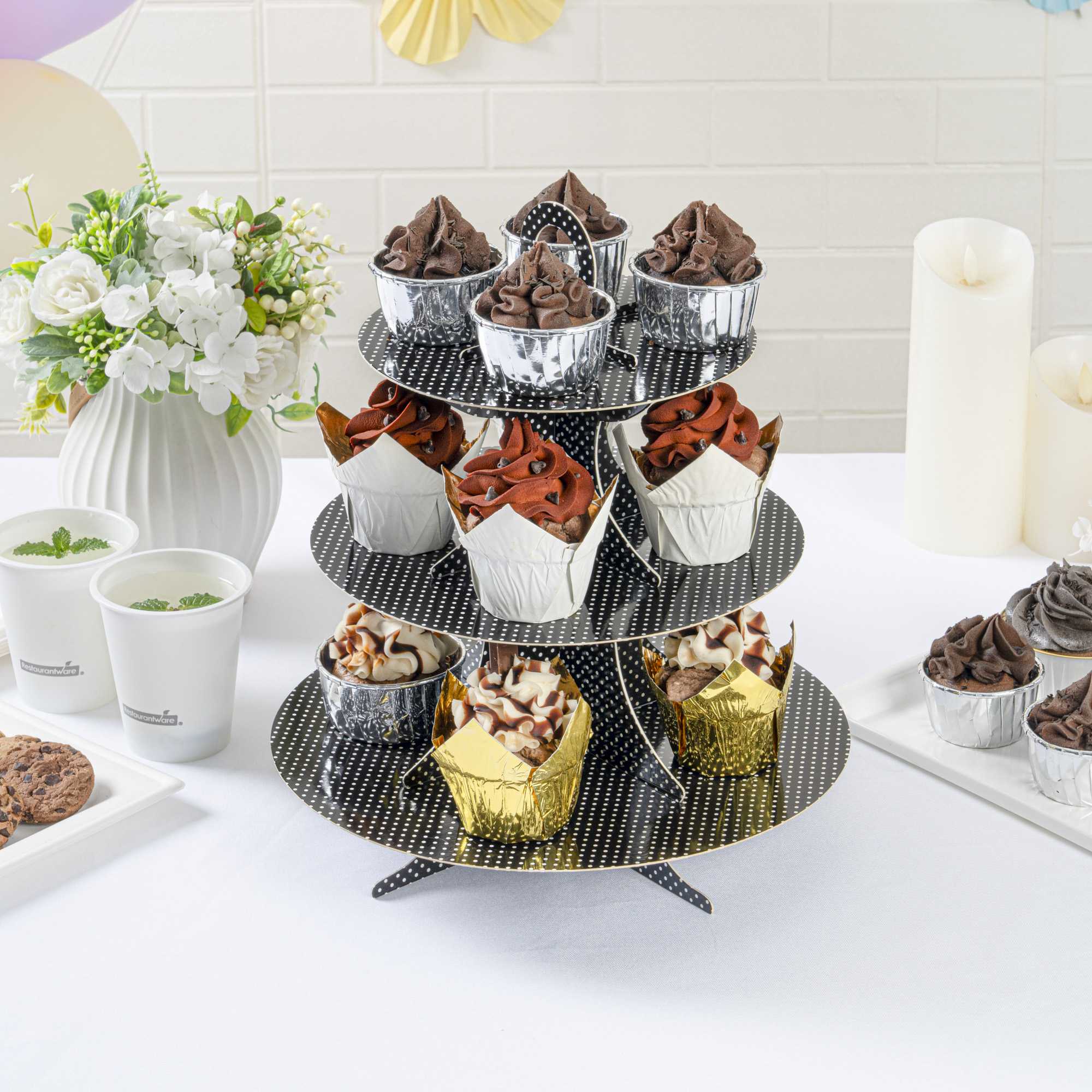 Pastry Tek Black Cardboard Cupcake Stand - 3-Tier, White Polka Dots - 13 1/2" x 13 1/2" x 14" - 1 count box
