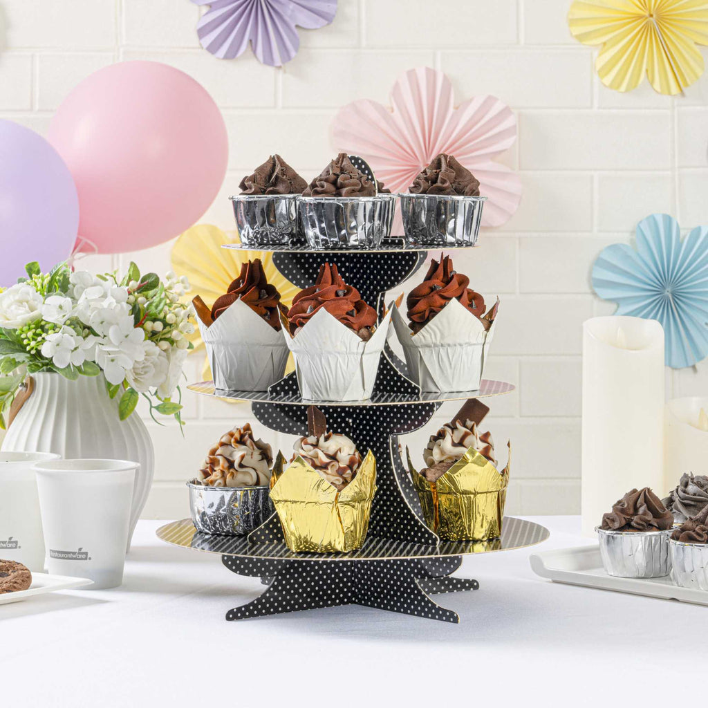 Pastry Tek Black Cardboard Cupcake Stand - 3-Tier, White Polka Dots - 13 1/2" x 13 1/2" x 14" - 1 count box