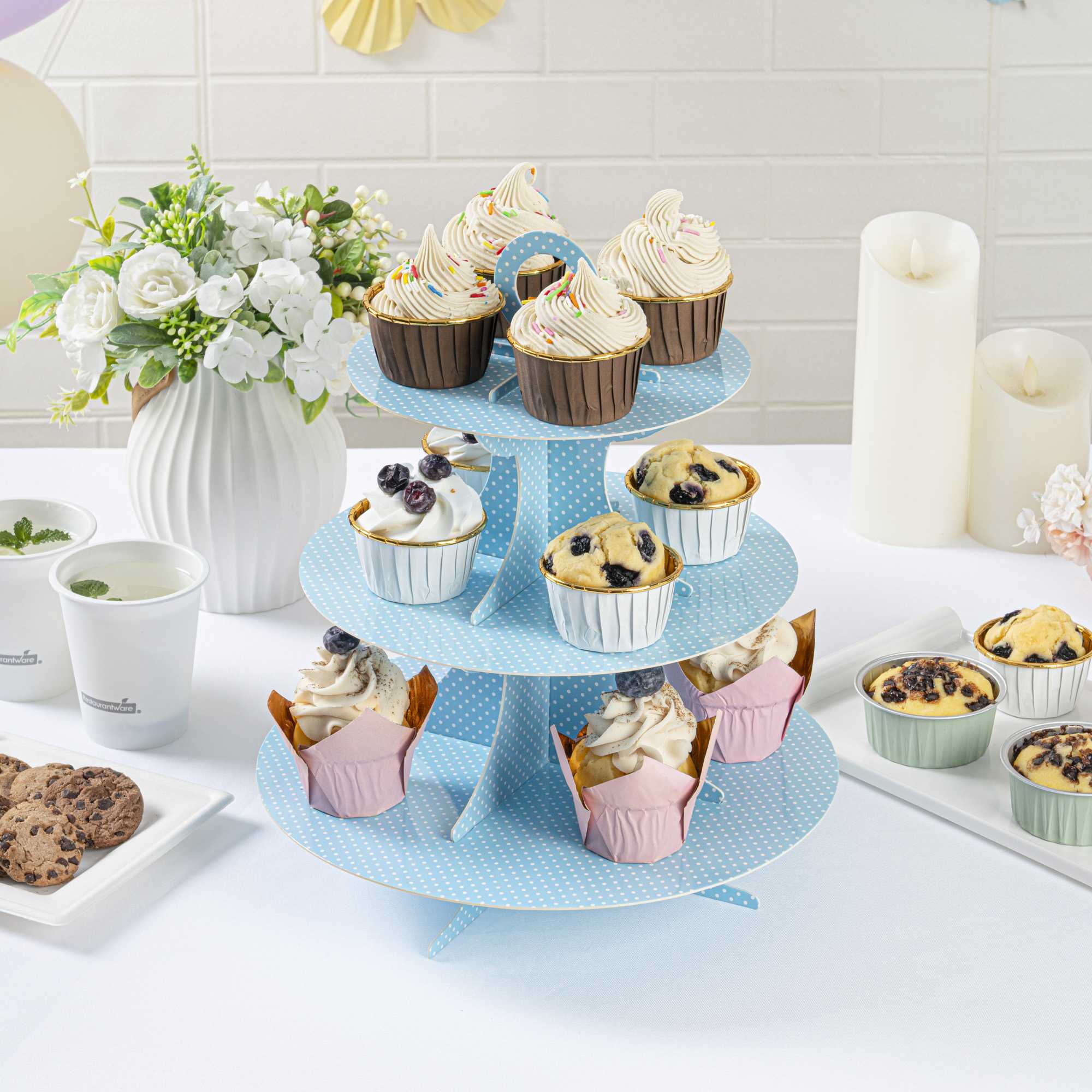 Pastry Tek Turquoise Cardboard Cupcake Stand - 3-Tier, White Polka Dots - 13 1/2" x 13 1/2" x 14" - 1 count box