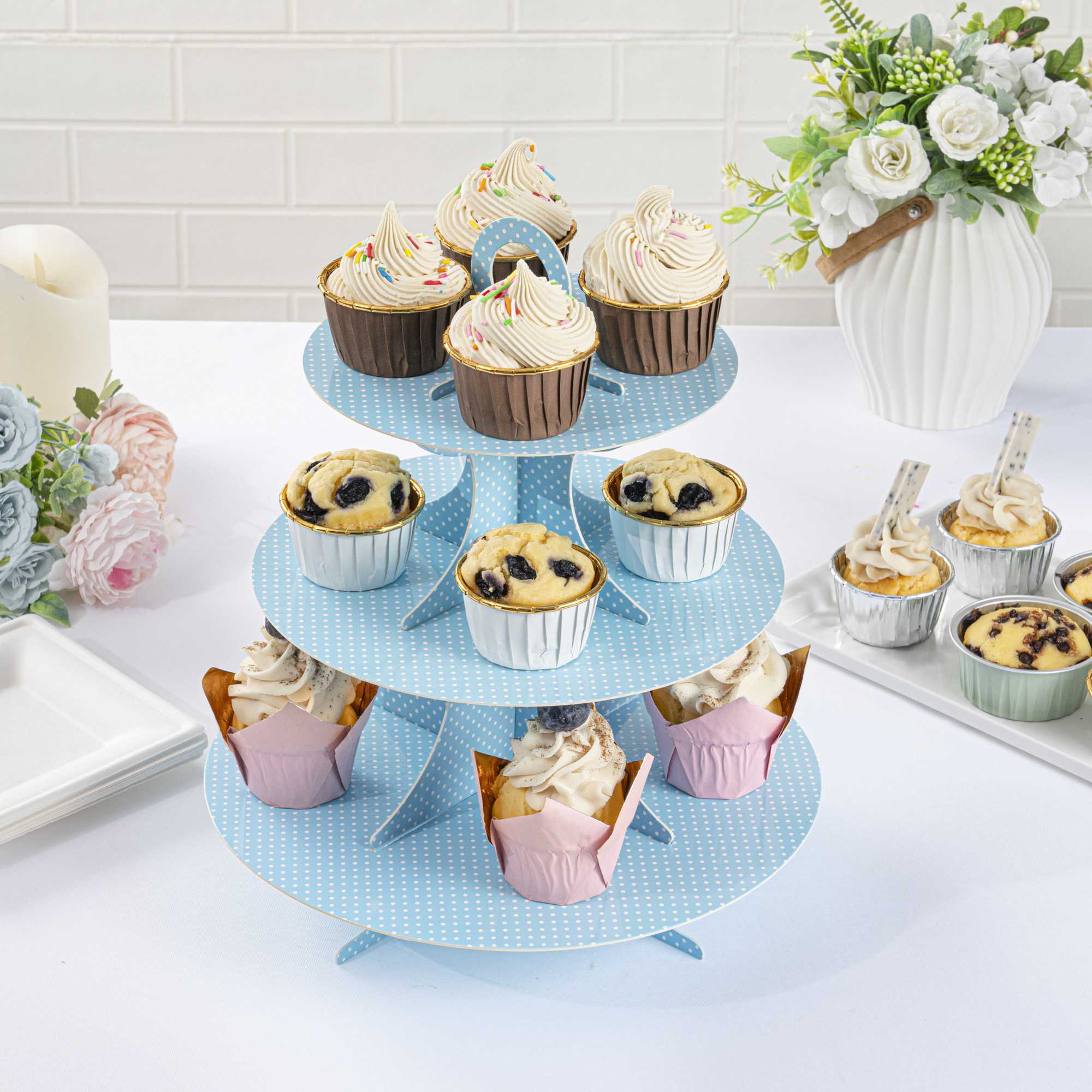 Pastry Tek Turquoise Cardboard Cupcake Stand - 3-Tier, White Polka Dots - 13 1/2" x 13 1/2" x 14" - 1 count box