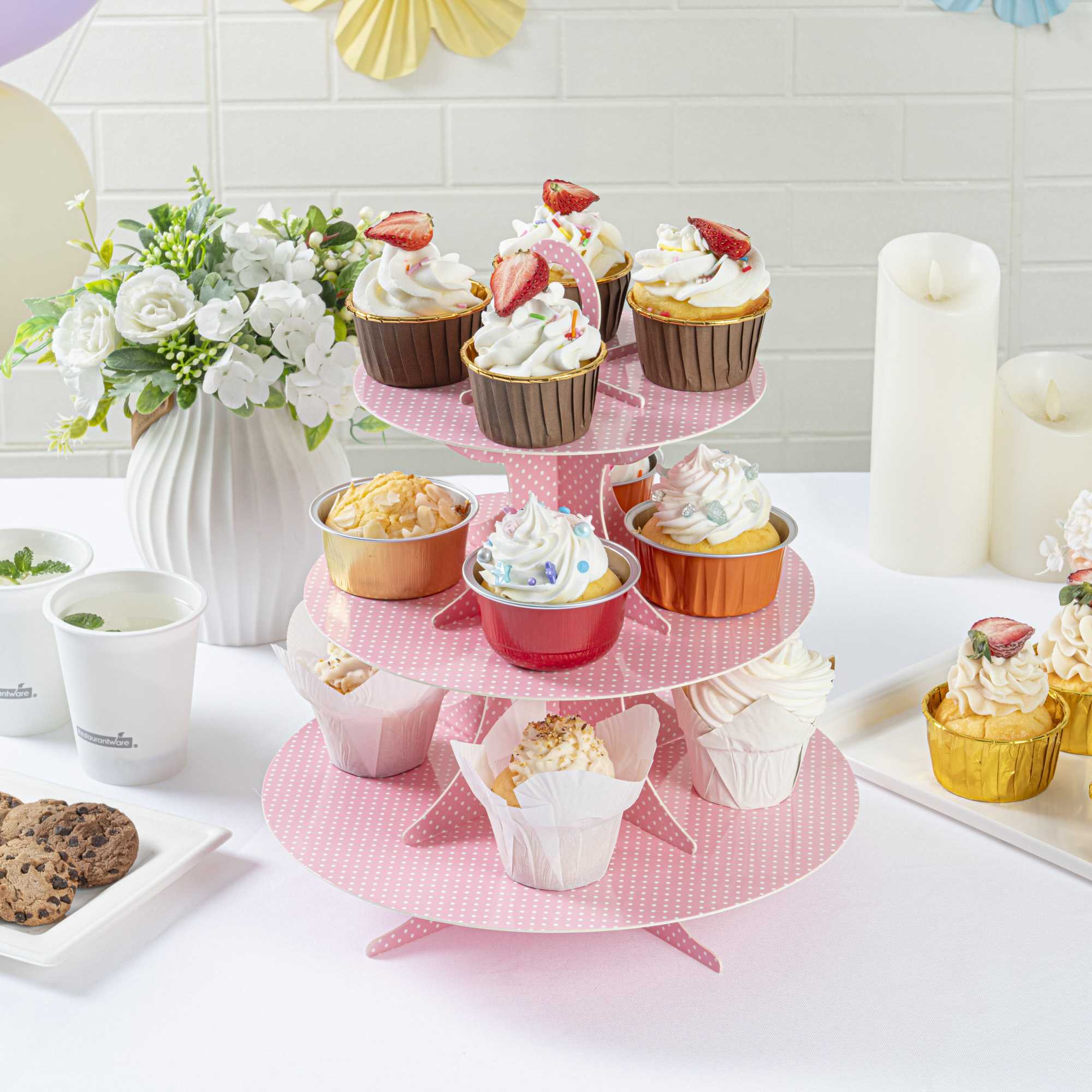 Pastry Tek Pink Cardboard Cupcake Stand - 3-Tier, White Polka Dots - 13 1/2" x 13 1/2" x 14" - 1 count box