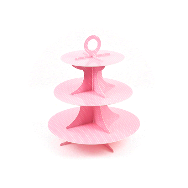 Pastry Tek Pink Cardboard Cupcake Stand - 3-Tier, White Polka Dots - 13 1/2" x 13 1/2" x 14" - 1 count box