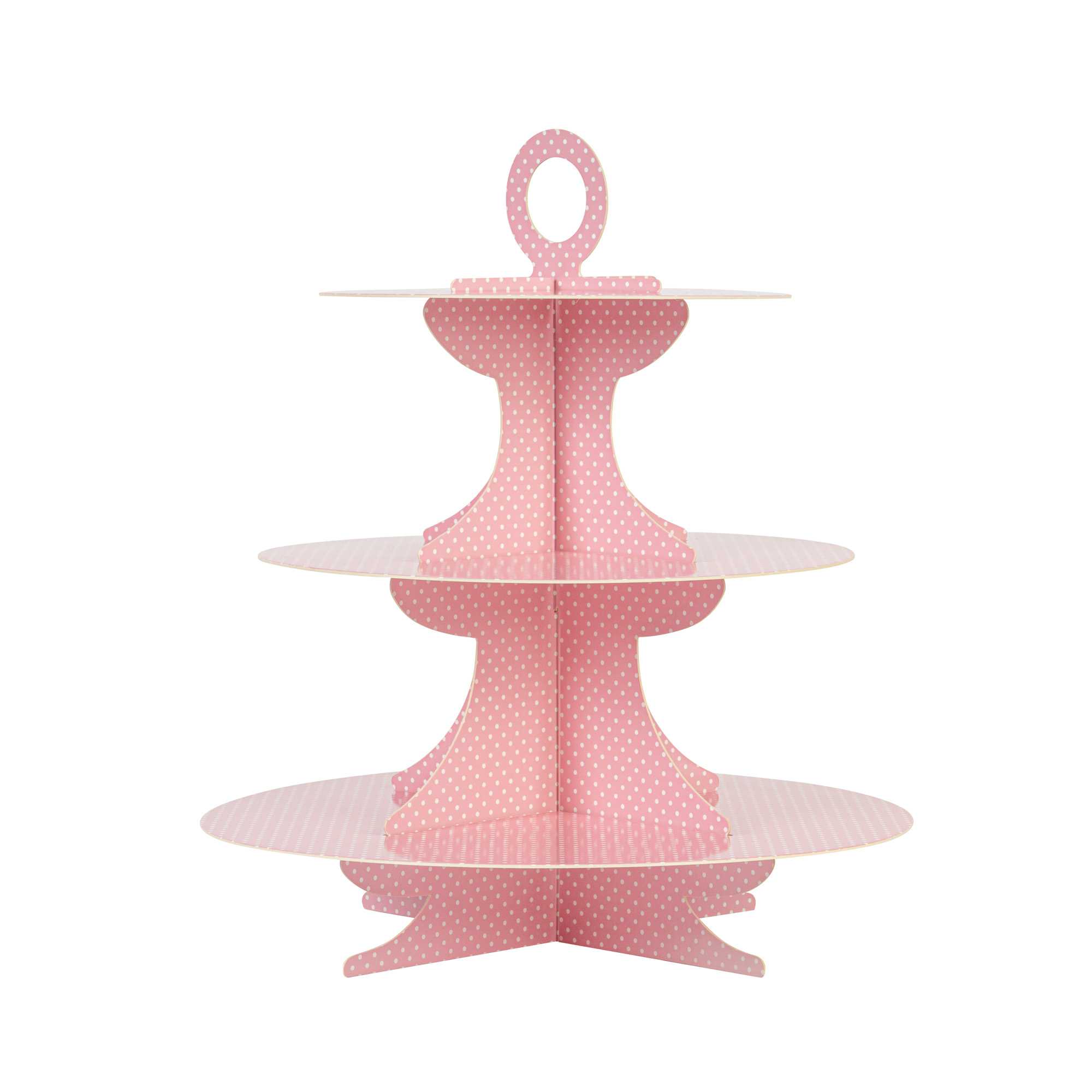 Pastry Tek Pink Cardboard Cupcake Stand - 3-Tier, White Polka Dots - 13 1/2" x 13 1/2" x 14" - 1 count box