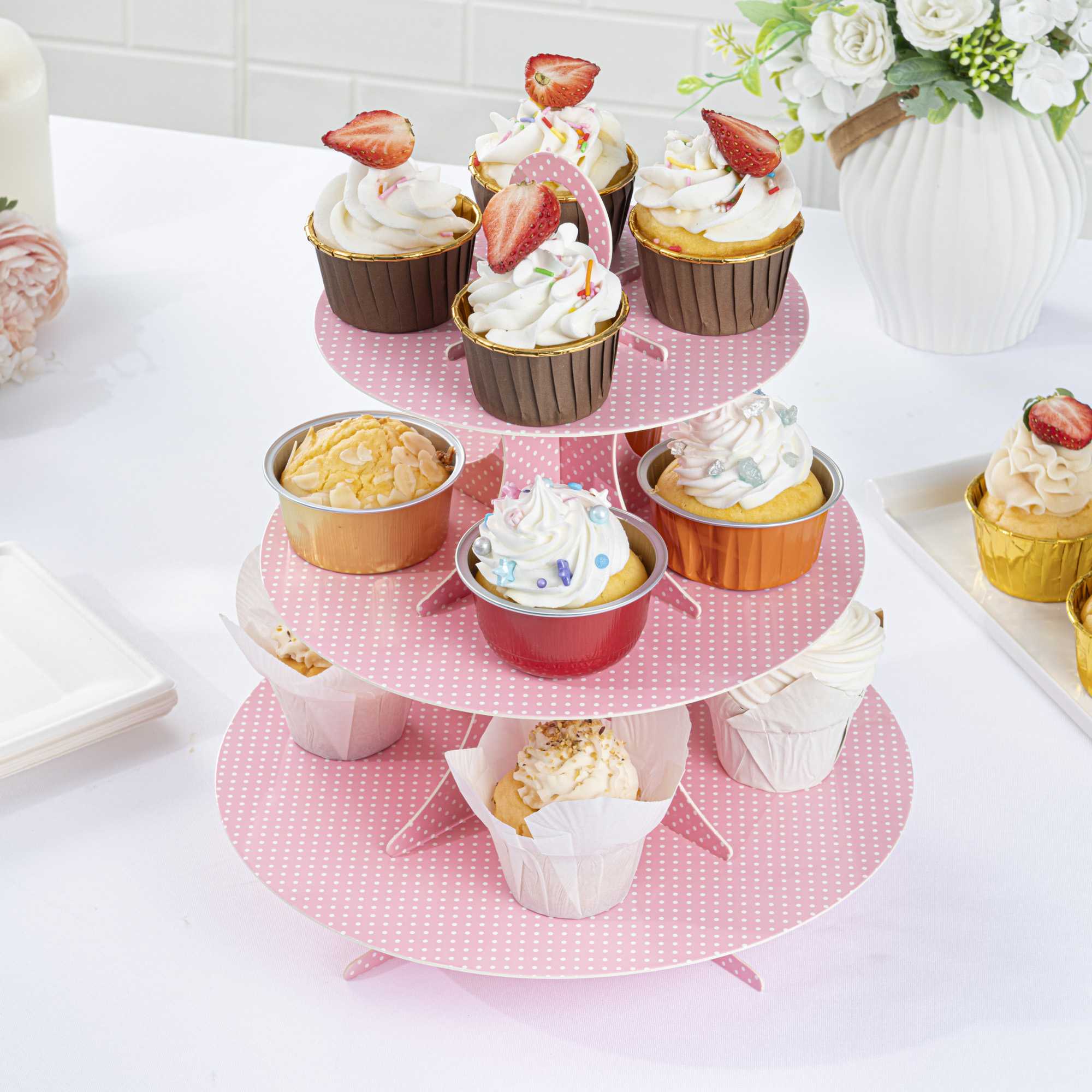 Pastry Tek Pink Cardboard Cupcake Stand - 3-Tier, White Polka Dots - 13 1/2" x 13 1/2" x 14" - 1 count box