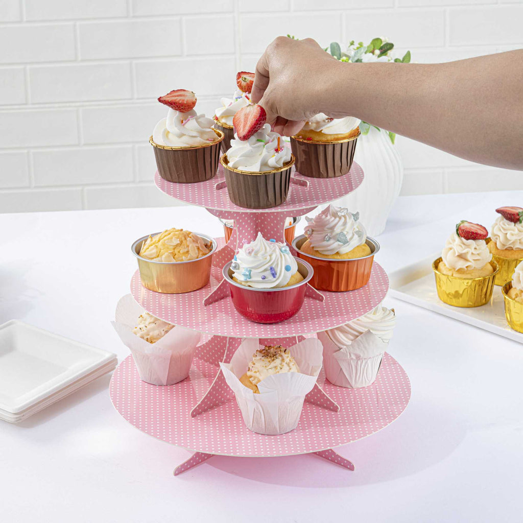 Pastry Tek Pink Cardboard Cupcake Stand - 3-Tier, White Polka Dots - 13 1/2" x 13 1/2" x 14" - 1 count box