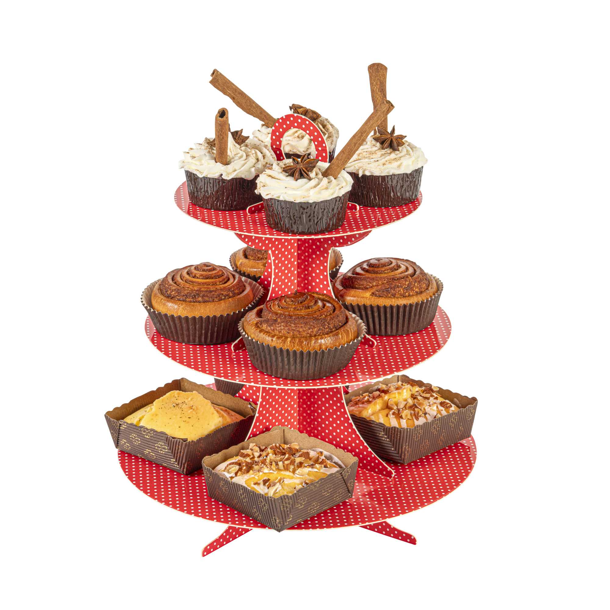 Pastry Tek Red Cardboard Cupcake Stand - 3 Tier, White Polka Dots - 13 1/2" x 13 1/2" x 14" - 1 count box