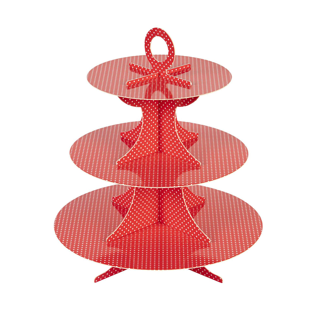 Pastry Tek Red Cardboard Cupcake Stand - 3 Tier, White Polka Dots - 13 1/2" x 13 1/2" x 14" - 1 count box
