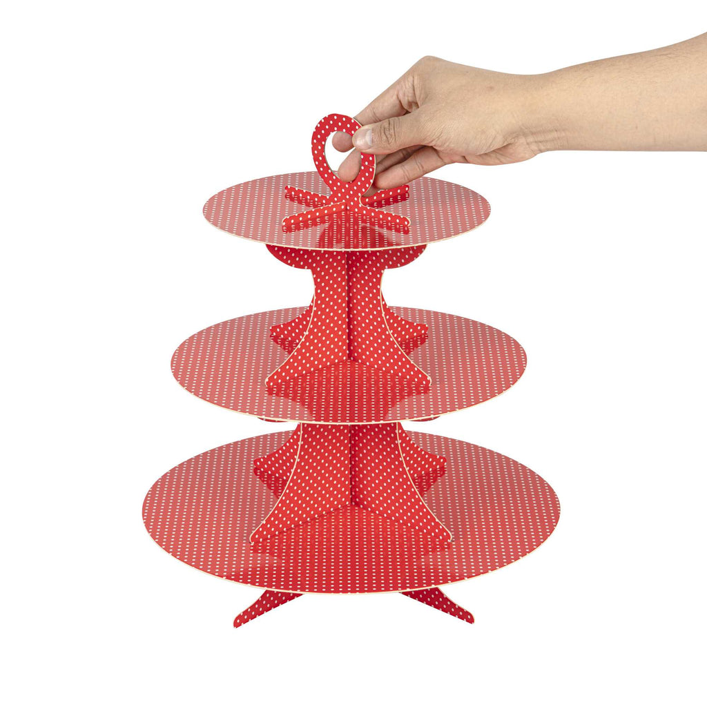 Pastry Tek Red Cardboard Cupcake Stand - 3 Tier, White Polka Dots - 13 1/2" x 13 1/2" x 14" - 1 count box
