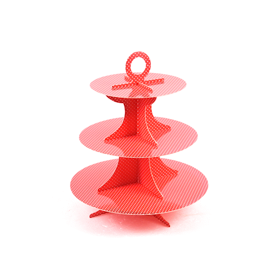 Pastry Tek Red Cardboard Cupcake Stand - 3 Tier, White Polka Dots - 13 1/2" x 13 1/2" x 14" - 1 count box