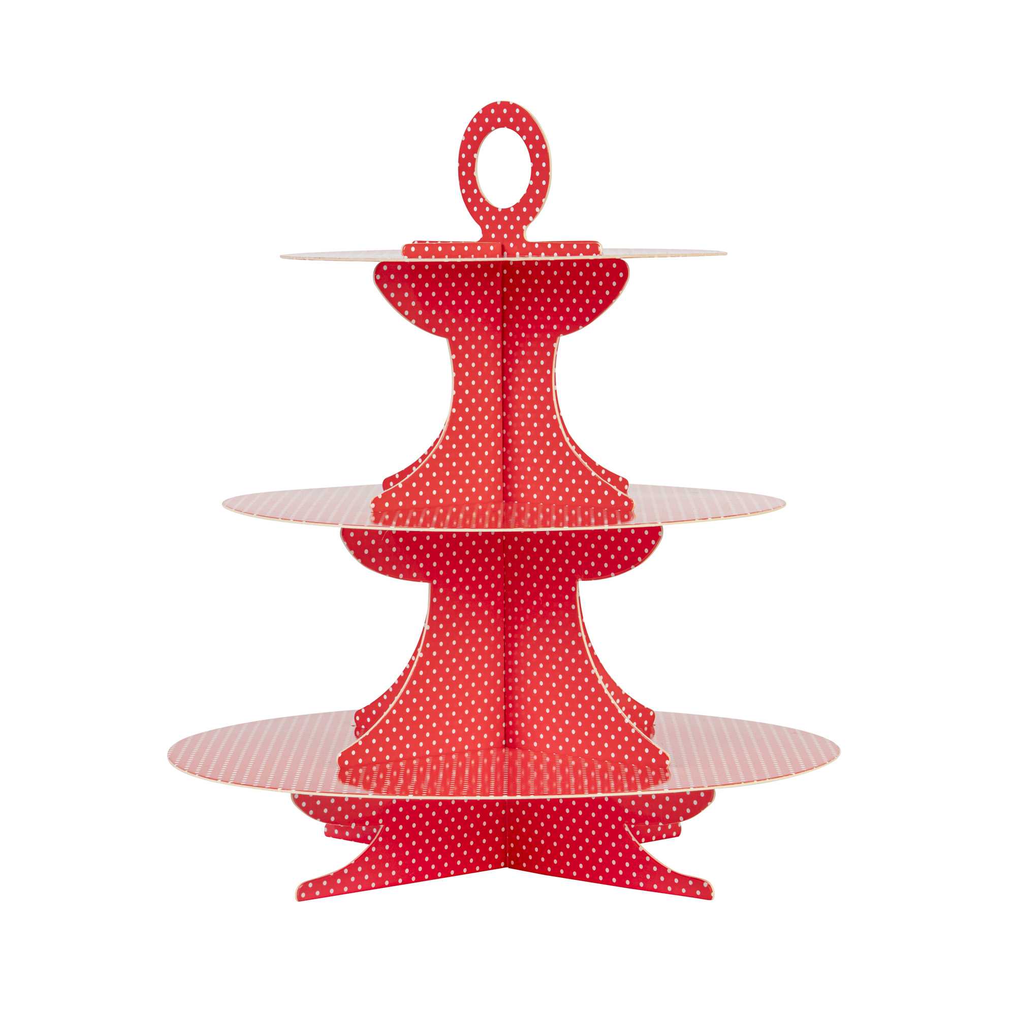 Pastry Tek Red Cardboard Cupcake Stand - 3 Tier, White Polka Dots - 13 1/2" x 13 1/2" x 14" - 1 count box