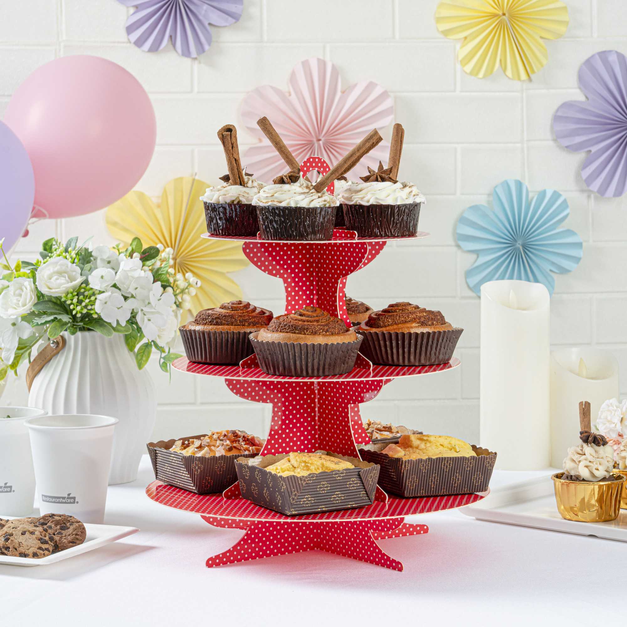 Pastry Tek Red Cardboard Cupcake Stand - 3 Tier, White Polka Dots - 13 1/2" x 13 1/2" x 14" - 1 count box