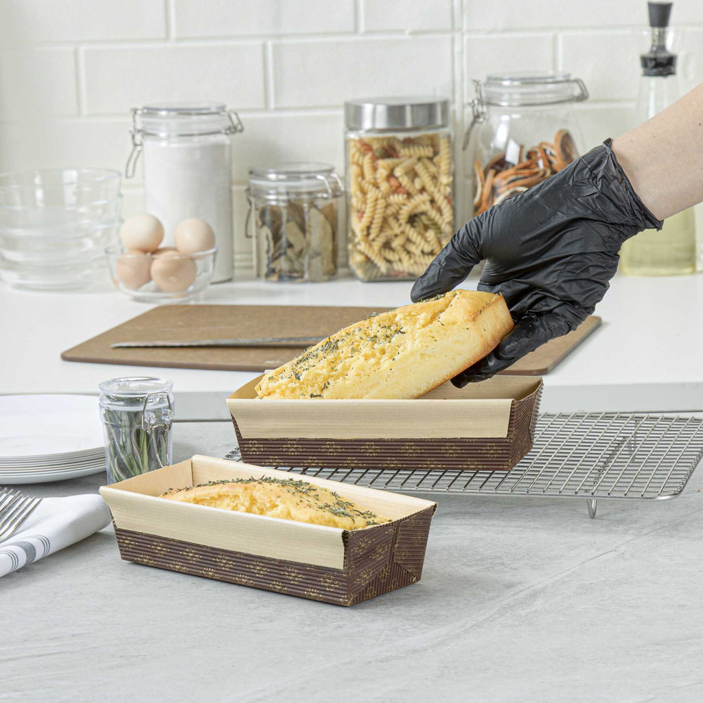 Panificio 18 oz Kraft Paper Baking Loaf Pan - Greaseproof, Rippled - 7 3/4" x 3 1/4" x 2" - 10 count box
