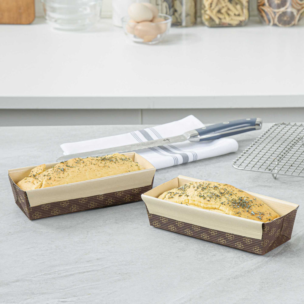 Panificio 18 oz Kraft Paper Baking Loaf Pan - Greaseproof, Rippled - 7 3/4" x 3 1/4" x 2" - 10 count box