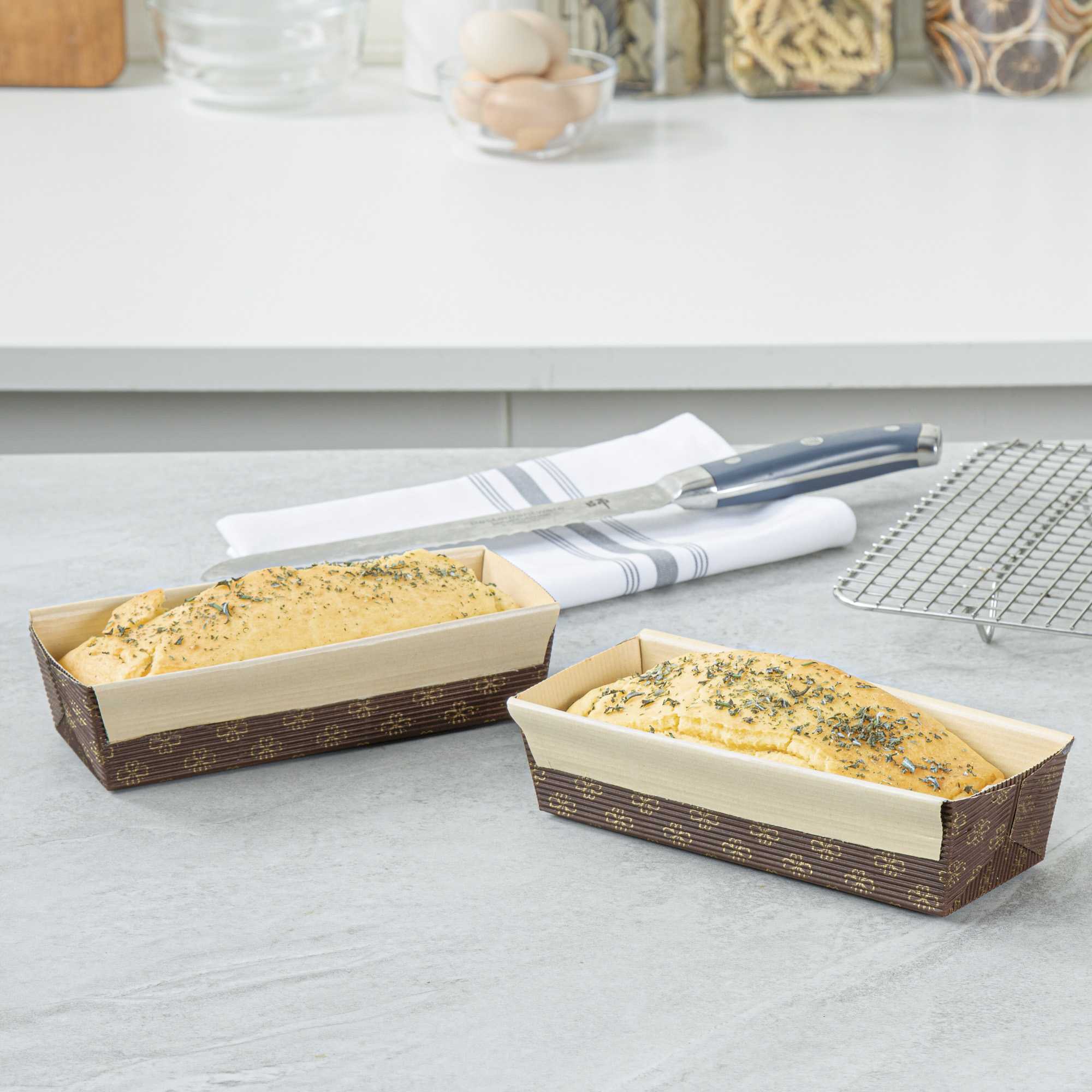 Panificio 18 oz Kraft Paper Baking Loaf Pan - Greaseproof, Rippled - 7 3/4" x 3 1/4" x 2" - 10 count box