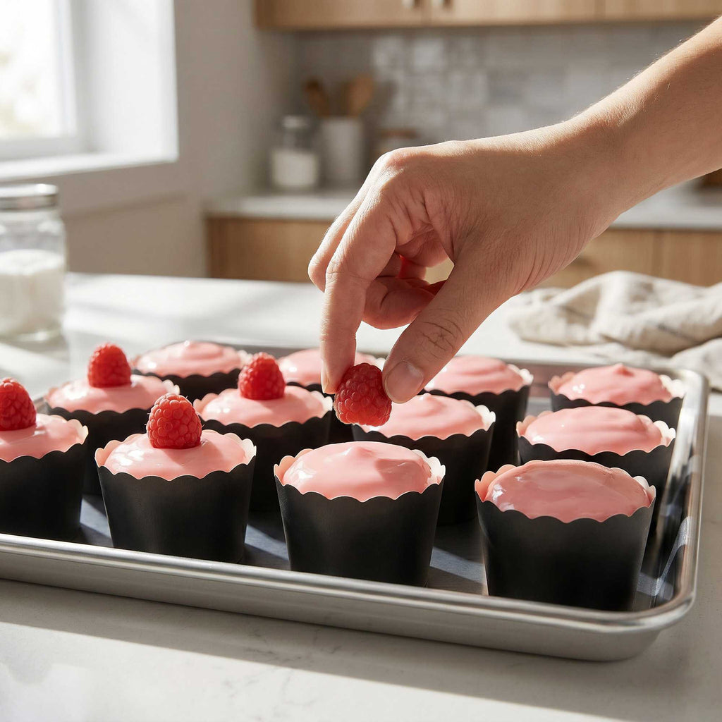 Panificio 3 oz Round Black Paper Mini Baking Cup - Scalloped - 2 1/2" x 2 1/2" x 1 3/4" - 200 count box
