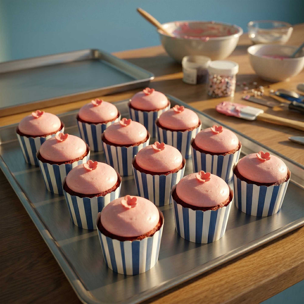 Panificio 3 oz Round Stripe Blue Paper Mini Baking Cup - Scalloped - 2 1/2" x 2 1/2" x 1 3/4" - 200 count box