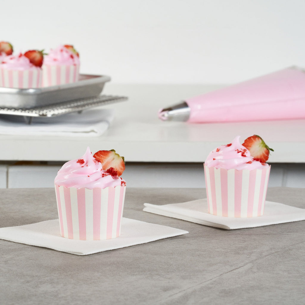 Panificio 3 oz Round Stripe Pink Paper Mini Baking Cup - Scalloped - 2 1/2" x 2 1/2" x 1 3/4" - 200 count box