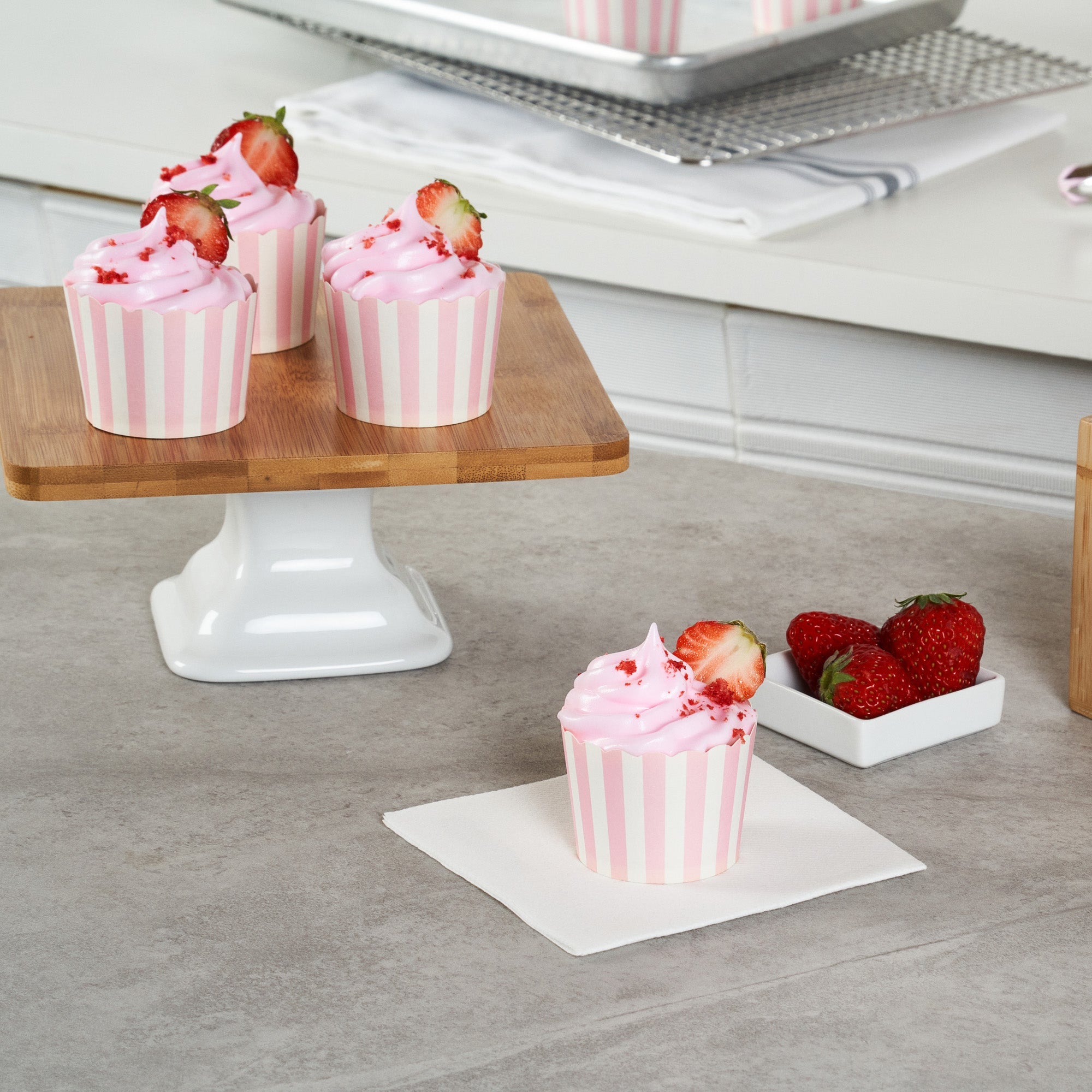 Panificio 3 oz Round Stripe Pink Paper Mini Baking Cup - Scalloped - 2 1/2" x 2 1/2" x 1 3/4" - 200 count box