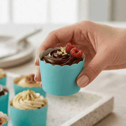 Panificio 3 oz Round Turquoise Paper Mini Baking Cup - Scalloped - 2 1/2" x 2 1/2" x 1 3/4" - 200 count box