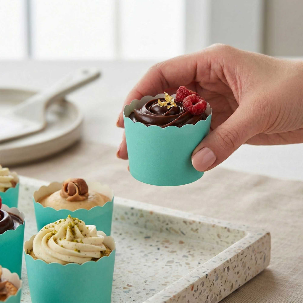 Panificio 3 oz Round Turquoise Paper Mini Baking Cup - Scalloped - 2 1/2" x 2 1/2" x 1 3/4" - 200 count box