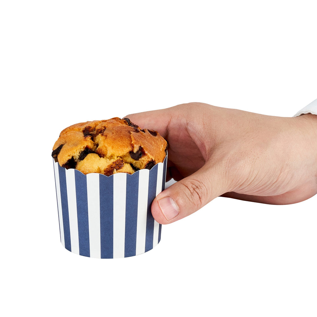Panificio 6 oz Round Stripe Blue Paper Classic Baking Cup - Scalloped - 2 3/4" x 2 3/4" x 2 1/4" - 200 count box