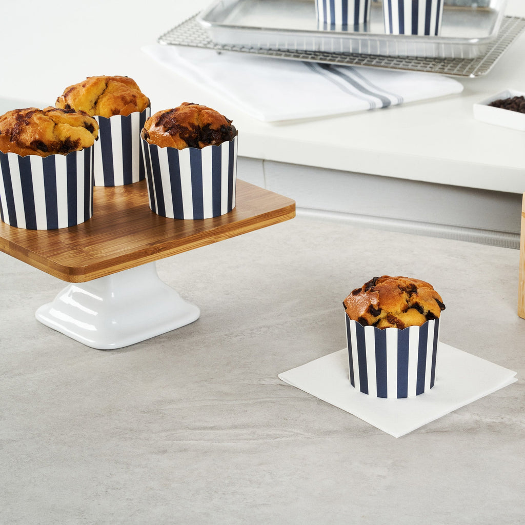 Panificio 6 oz Round Stripe Blue Paper Classic Baking Cup - Scalloped - 2 3/4" x 2 3/4" x 2 1/4" - 200 count box