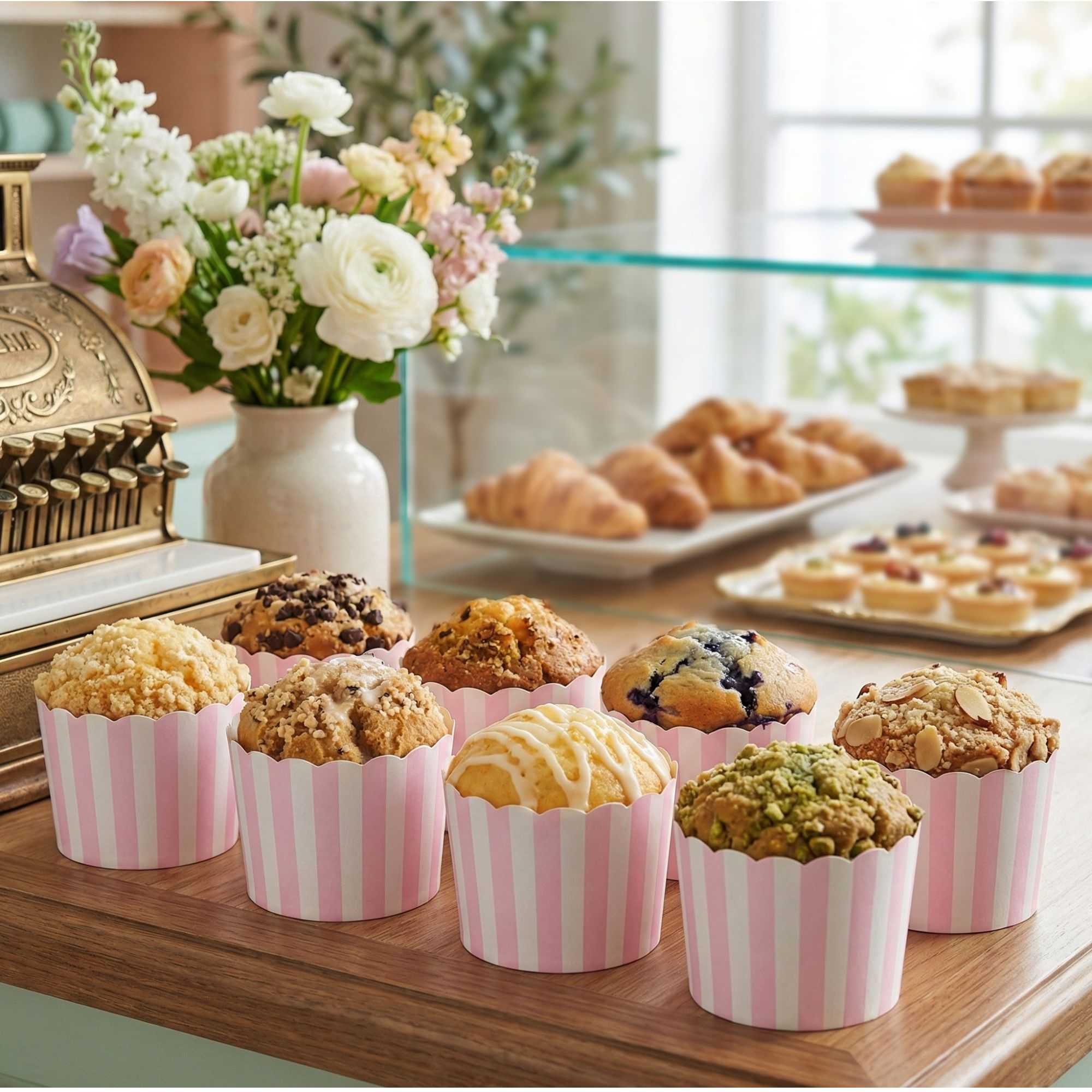 Panificio 6 oz Round Stripe Pink Paper Classic Baking Cup - Scalloped - 2 3/4" x 2 3/4" x 2 1/4" - 200 count box