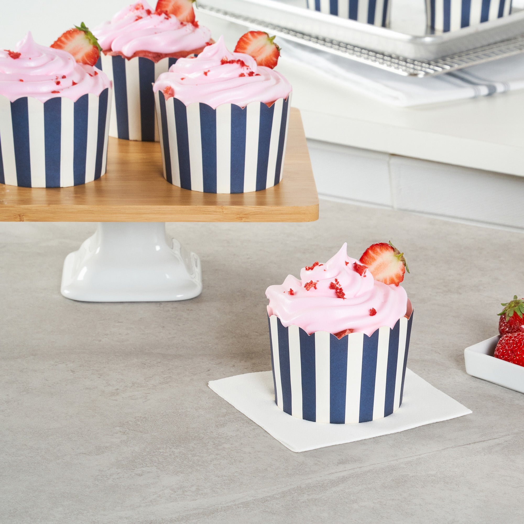 Panificio 10 oz Round Stripe Blue Paper Jumbo Baking Cup - Scalloped - 3 1/2" x 3 1/2" x 2 1/2" - 200 count box