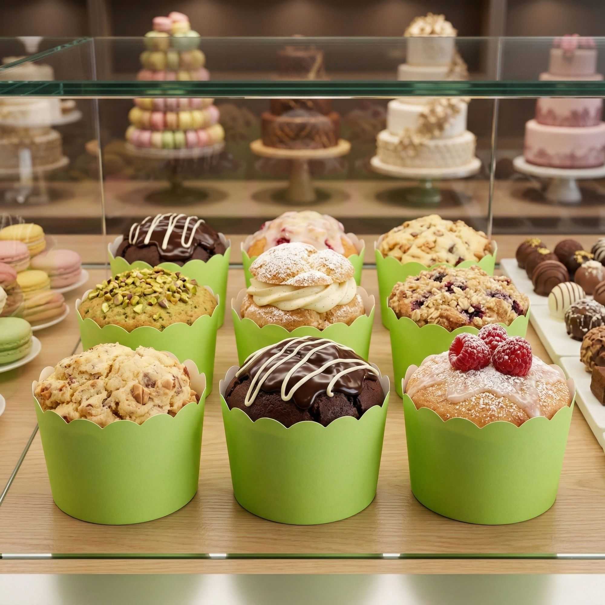 Panificio 10 oz Round Eco Green Paper Jumbo Baking Cup - Scalloped - 3 1/2" x 3 1/2" x 2 1/2" - 200 count box