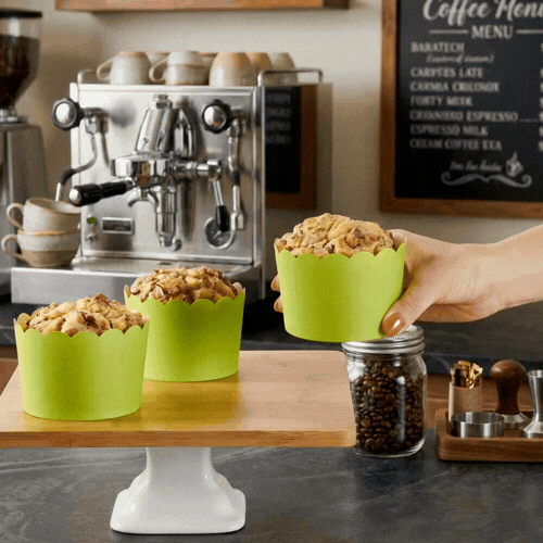 Panificio 10 oz Round Eco Green Paper Jumbo Baking Cup - Scalloped - 3 1/2" x 3 1/2" x 2 1/2" - 200 count box