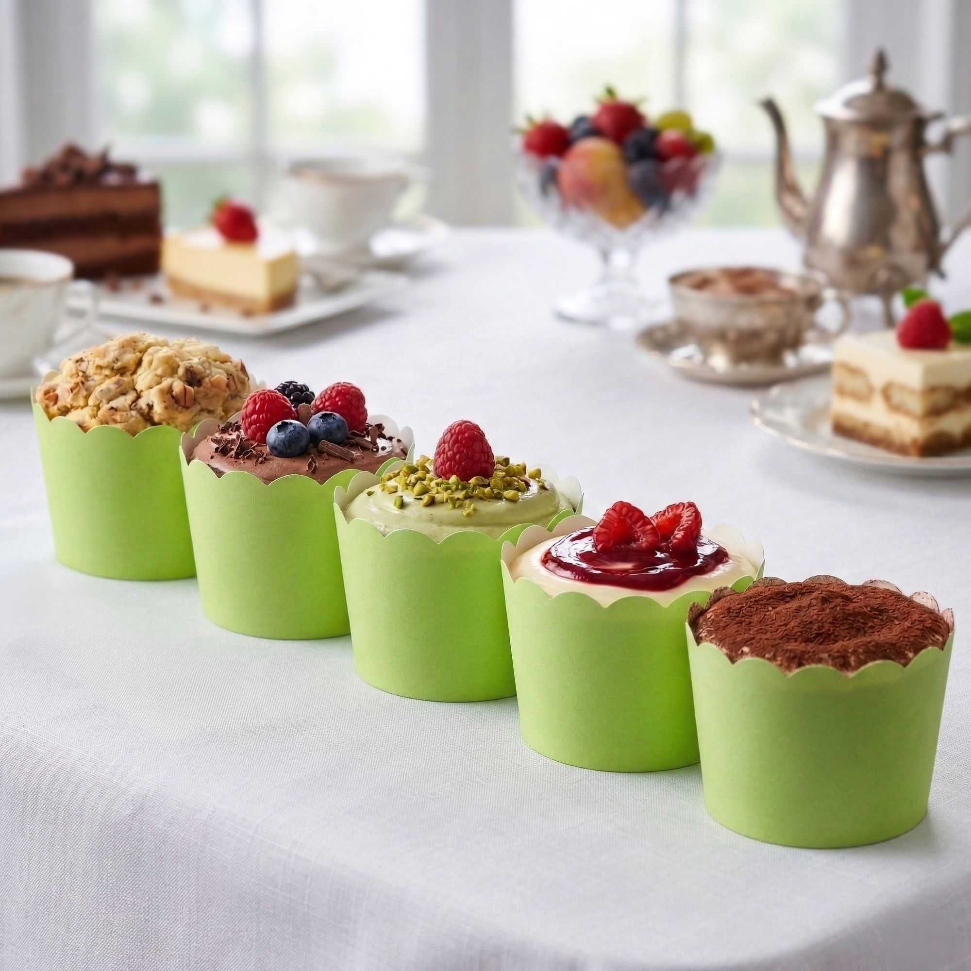 Panificio 10 oz Round Eco Green Paper Jumbo Baking Cup - Scalloped - 3 1/2" x 3 1/2" x 2 1/2" - 200 count box