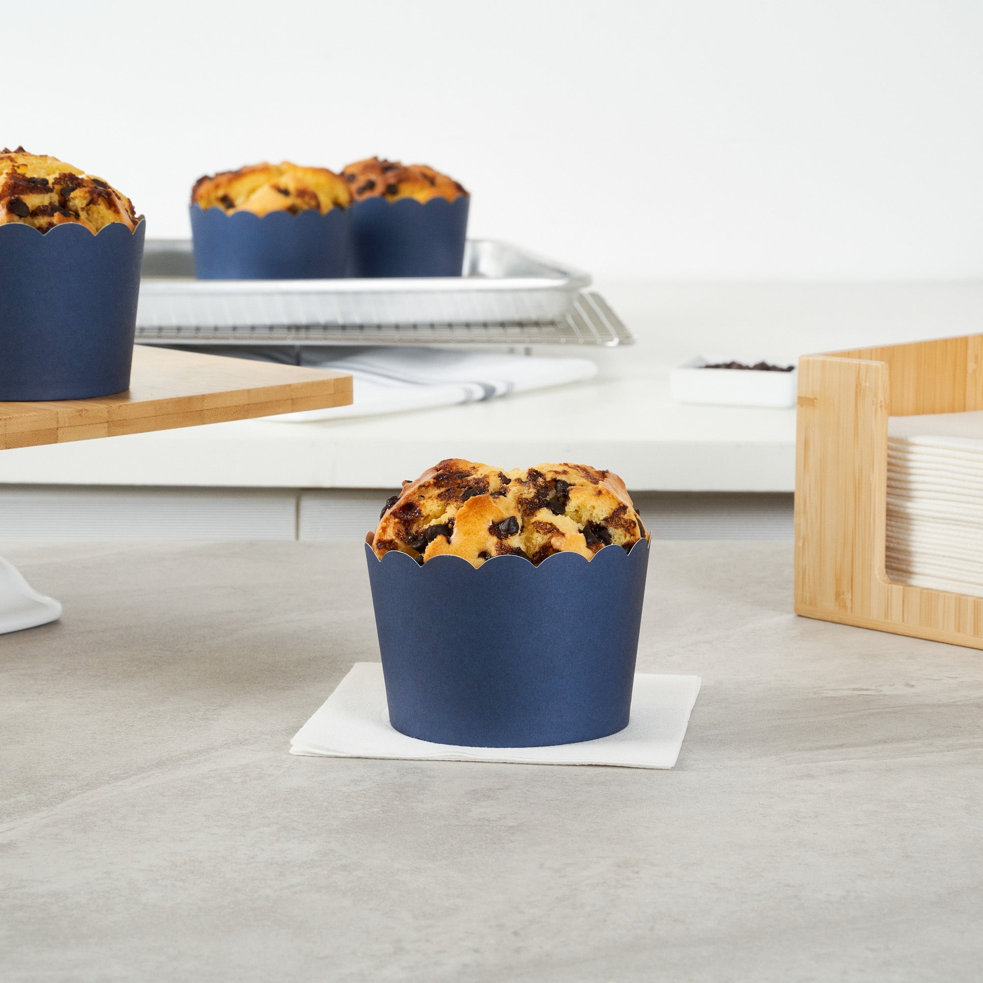 Panificio 10 oz Round Midnight Blue Paper Jumbo Baking Cup - Scalloped - 3 1/2" x 3 1/2" x 2 1/2" - 200 count box