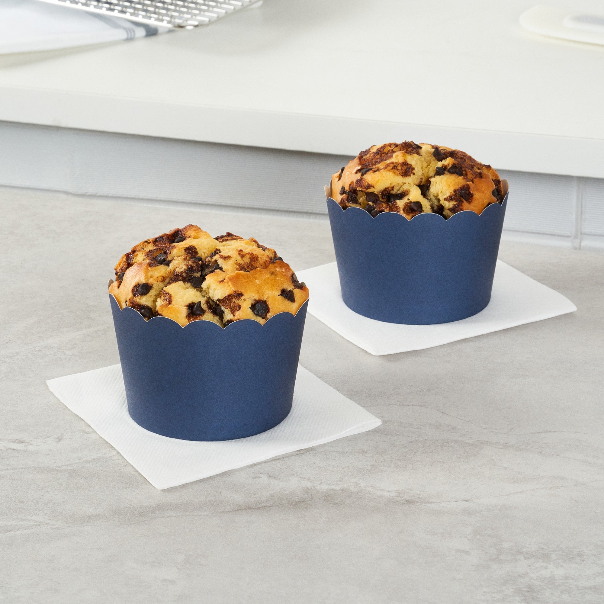 Panificio 10 oz Round Midnight Blue Paper Jumbo Baking Cup - Scalloped - 3 1/2" x 3 1/2" x 2 1/2" - 200 count box