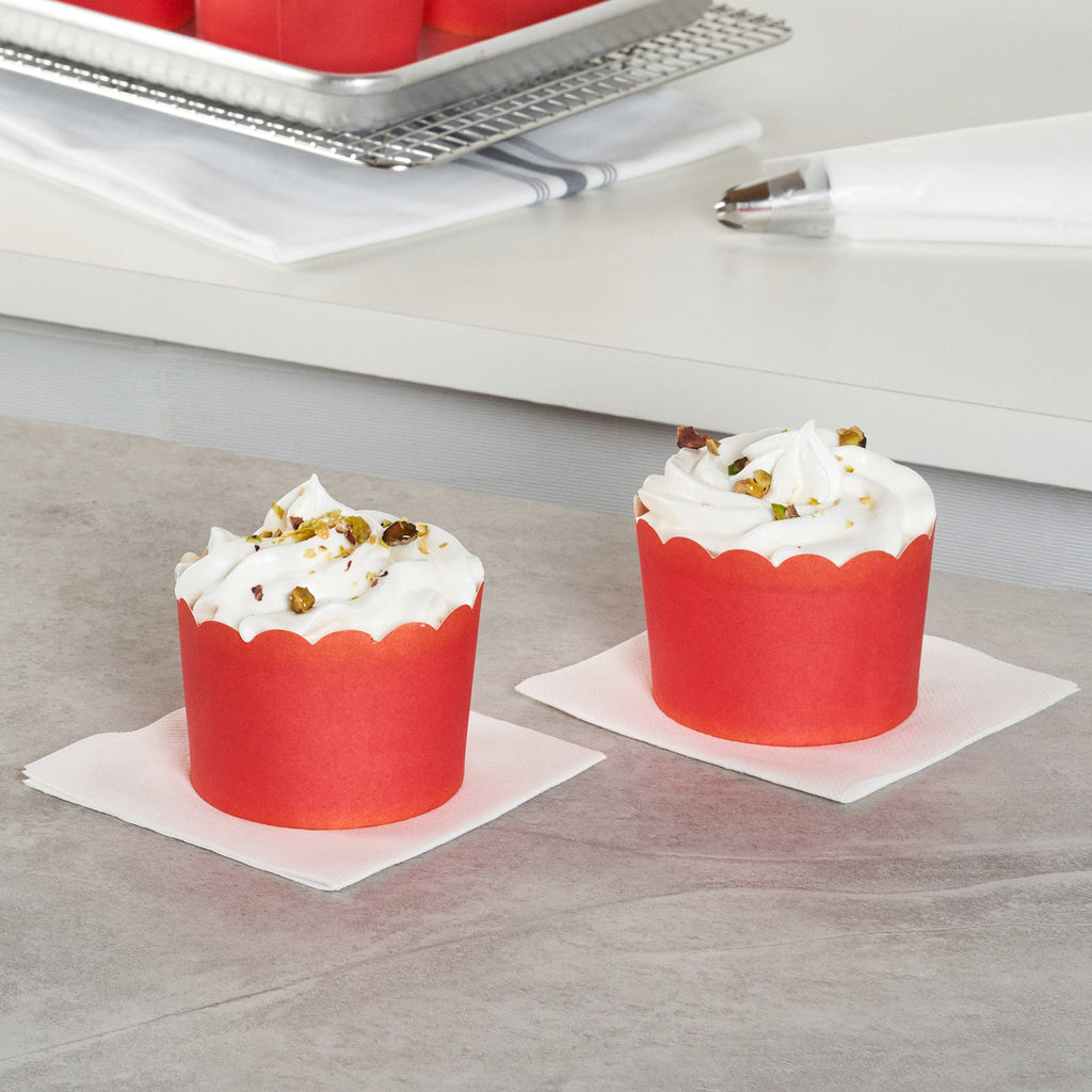 Panificio 10 oz Round Red Paper Jumbo Baking Cup - Scalloped - 3 1/2" x 3 1/2" x 2 1/2" - 200 count box